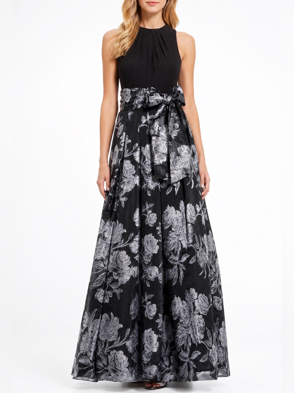 Eliza J Criss Cross Halter Neck Brocade Ling Dress Gown Black Silver Size 4